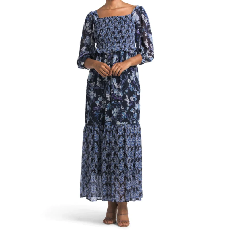 Women's maxi dress edgy -Taylor Women's Floral Mixed Print Smocked Top Tiered Maxi Dress