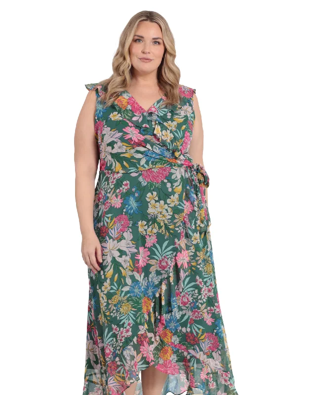 Women's maxi dress green -Floral side tie ruffle wrap maxi dress | Green/Pink