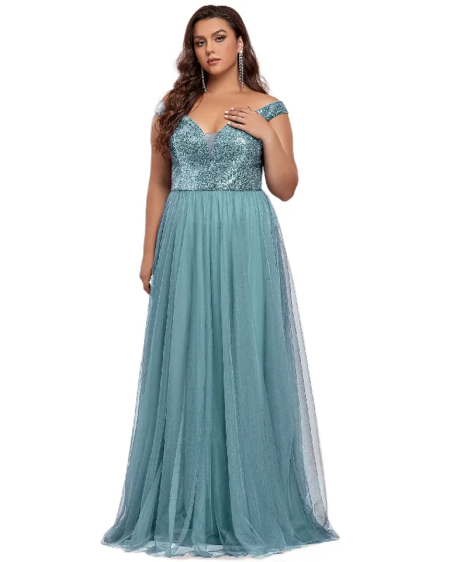 Women's maxi dress ruffle -Sequin Off the Shoulder Maxi Tulle Evening Dress | Dusty Blue