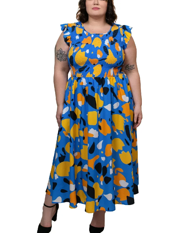 Ladies midi dress travel -Mina Midi Dress Abstract Floral Smocked Bodice | Blue