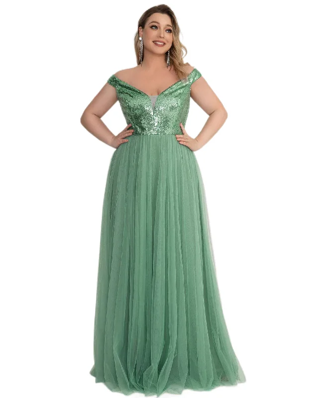 Women's maxi dress sequin -Sequin Off the Shoulder Maxi Tulle Evening Dress | Green Bean