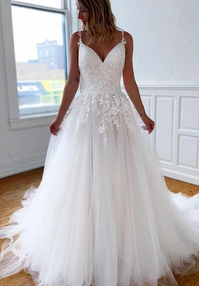 Ladies sleeveless dress navy -Lace Tulle Court Train Ball Gown Sleeveless Casual Wedding Dress with Appliques