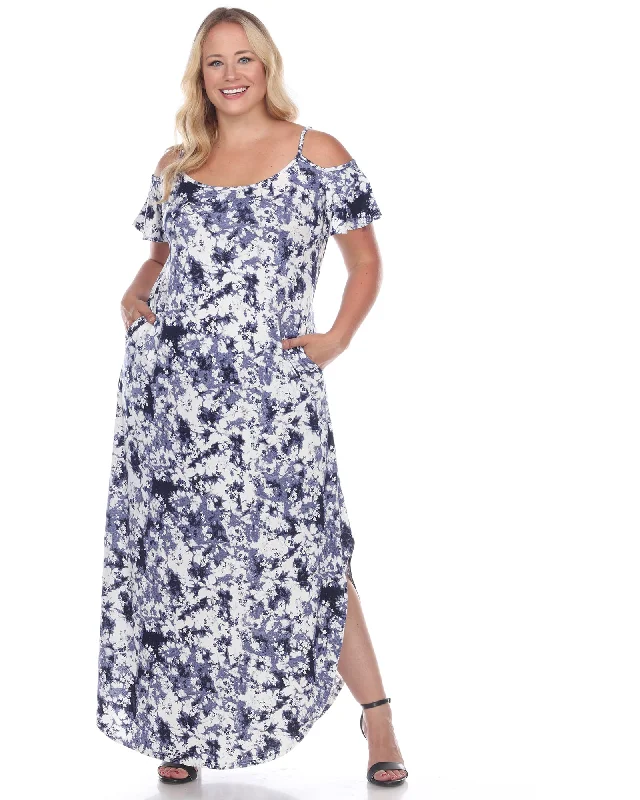 Women's maxi dress tassel -Cold Shoulder Tie-Dye Maxi Dress | Navy/White