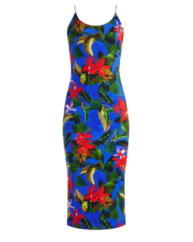 Ladies midi dress winter -Delora Spaghetti Strap Fitted Midi Dress In Tropical Sunrise Sapphire | Tropical Sunrise Sapphire