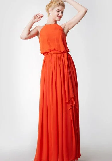 Ladies sleeveless dress vacation -Sleeveless Pleated High Neck Chiffon Dress With Sash