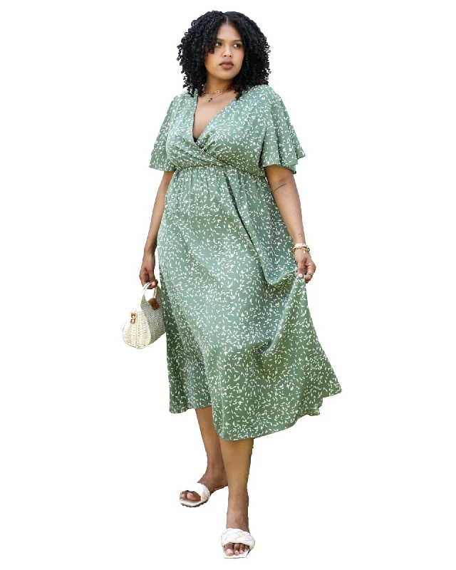 Women's maxi dress bell sleeve -V-Neck White Floral Print Wrap Maxi Dress | Green