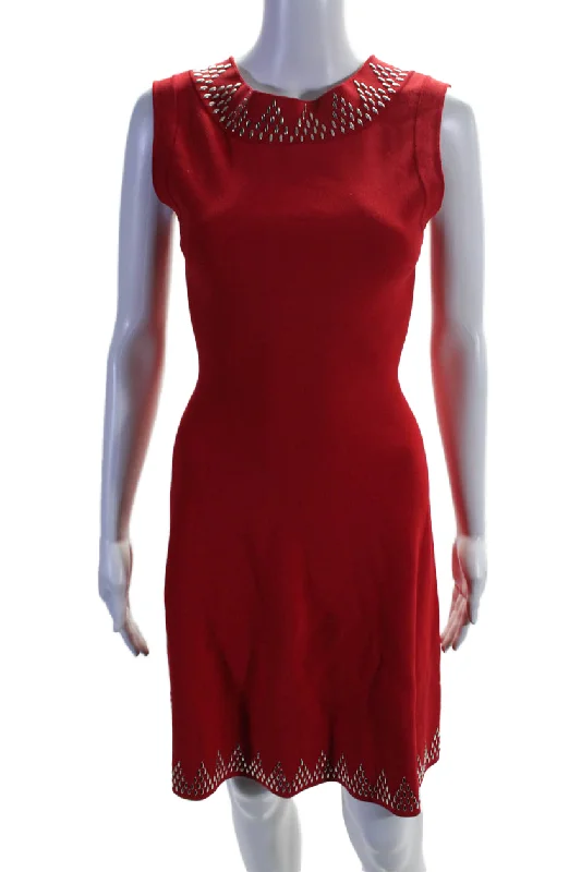 Ladies sleeveless dress wrap -Alaia Womens Studded Sleeveless A Line Knee Length Dress Red Silver