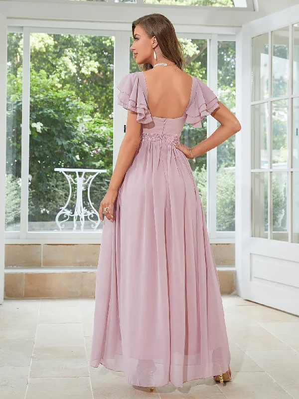 Women's maxi dress satin -TastyHottie - Pink Chiffon Sweetheart Layered Sleeve Maxi Dress