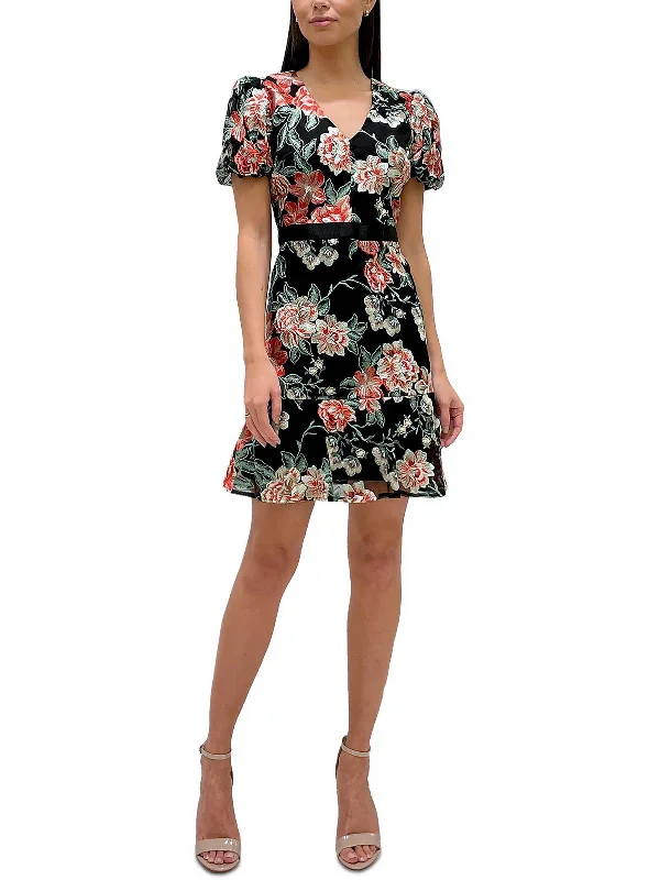 Ladies party dress classy -Womens Embroidered Flowers Puff Sleeves Cocktail and Party Dress