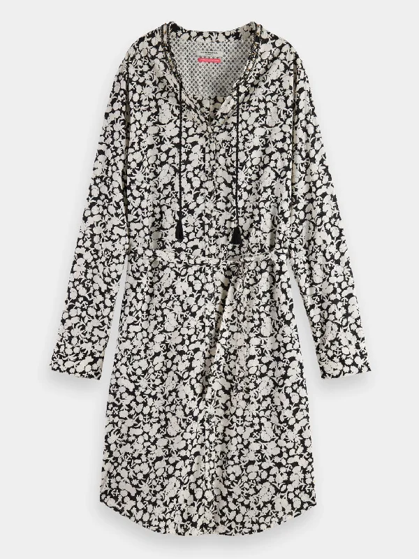 Women's shirt dress printed -Beaded collar shirt dress