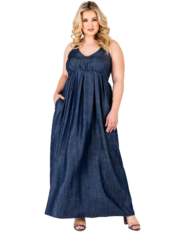 Women's maxi dress sheer -Madelyn Halter Neck Denim Maxi Dress | Dark Rinse