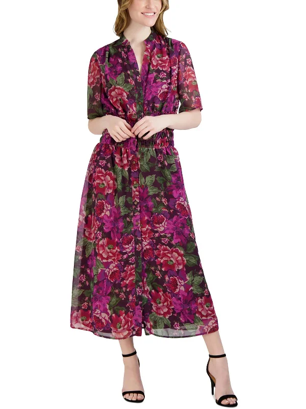 Women's shirt dress quilted -Womens Floral Print Chiffon Shirtdress