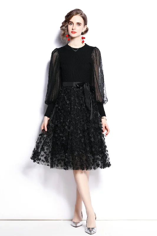 Ladies party dress radiant -Black Cocktail & Party A-line Crewneck Long Sleeve Below Knee Dress