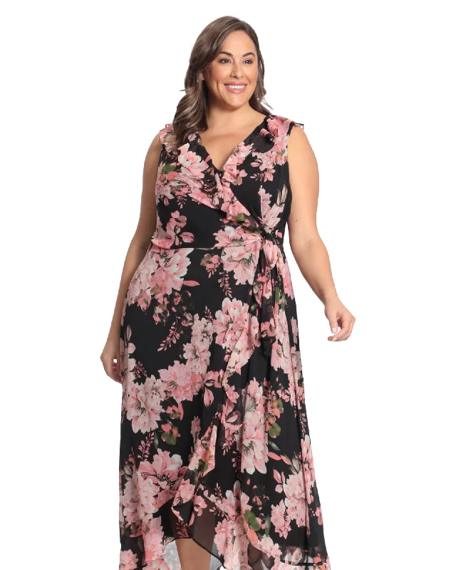 Women's maxi dress pastel -Floral side tie ruffle wrap maxi dress | Black/Pink