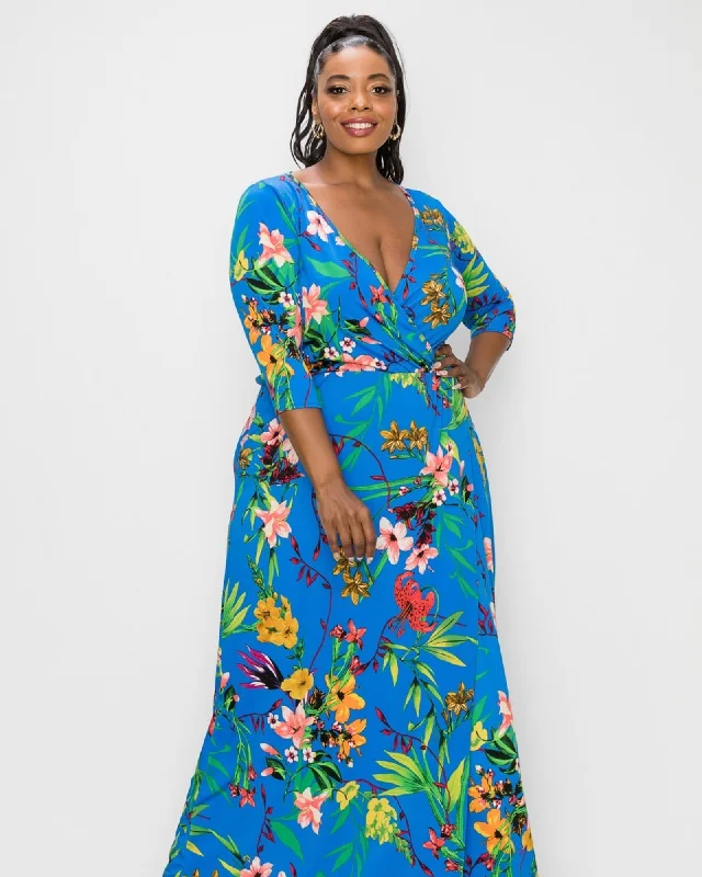 Women's maxi dress off shoulder -Erin Floral Wrap Maxi Dress | Blue Floral