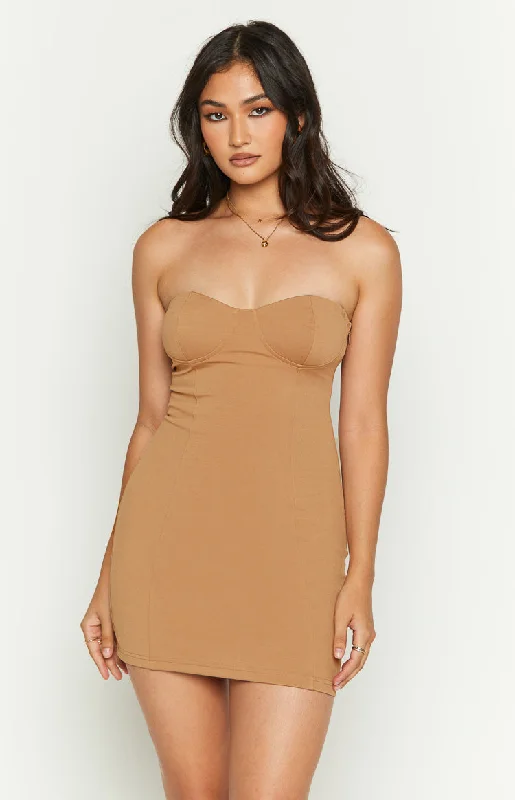 Women's mini dress pleated -Charm Brown Mini Dress