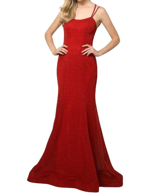 Ladies sleeveless dress trendy -Sleeveless Metallic Glitter Gown In Red