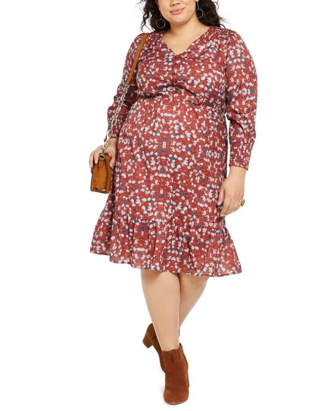 Ladies midi dress earthy -NY Collection Women's Plus Printed Smocked Sleeve MIDI Dress Red Size 2X | Red