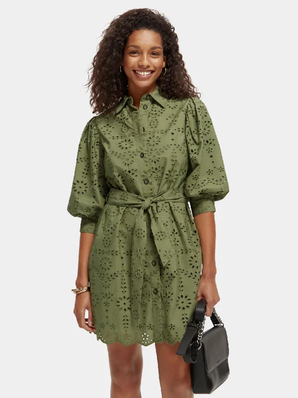 Women's shirt dress smocked -Puff sleeve embroidered shirt dress