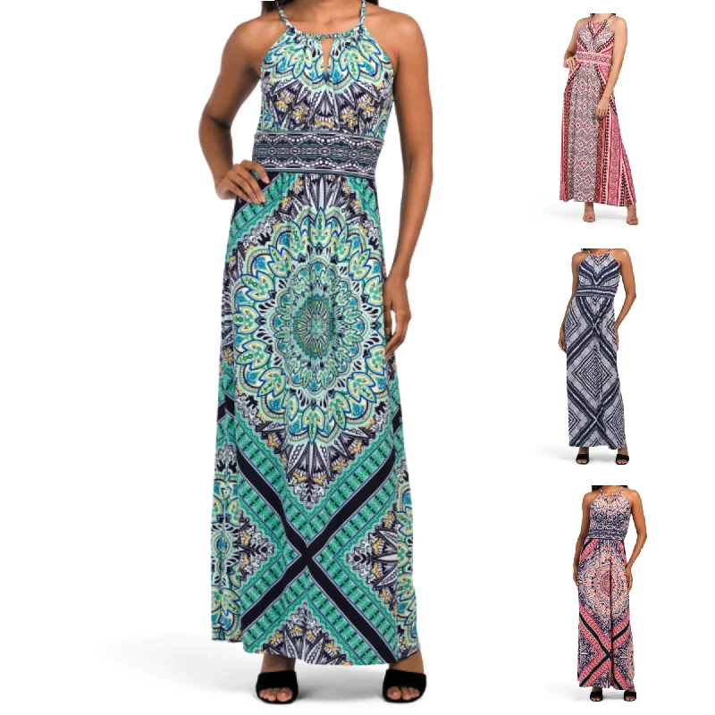 Women's maxi dress flutter sleeve -London Times Women's Morris Diamond Basket Printed Keyhole Halter Maxi Dress