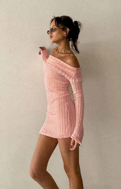 Women's mini dress quick dry -Mimi Pink Long Sleeve Off Shoulder Knit Mini Dress