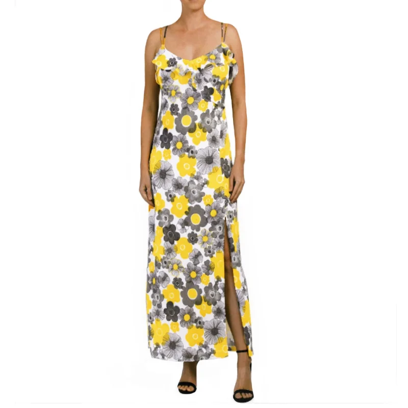 Women's maxi dress urban -Nicole Miller Women's Floral Print Ruffle Trim Front Slit Maxi Dress