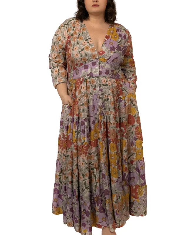 Women's maxi dress star print -Catalia Maxi Dress Floral Pattern V-Neck Prune | Prune