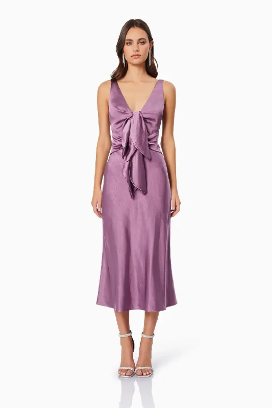 Ladies midi dress smocked -Faith Front Tie Midi Dress - Purple