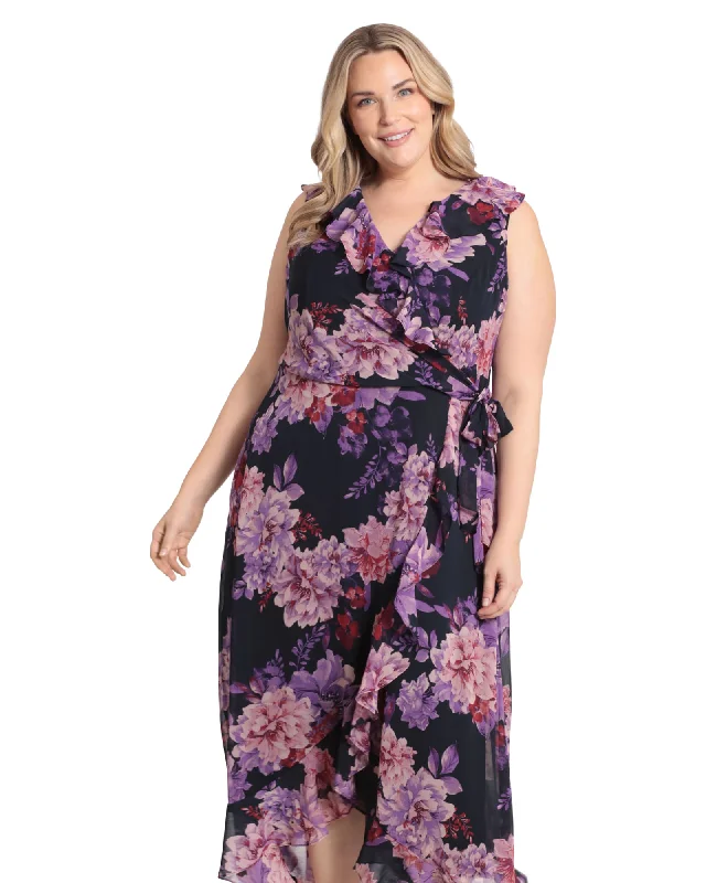 Women's maxi dress metallic -Floral side tie ruffle wrap maxi dress | Navy/PPL