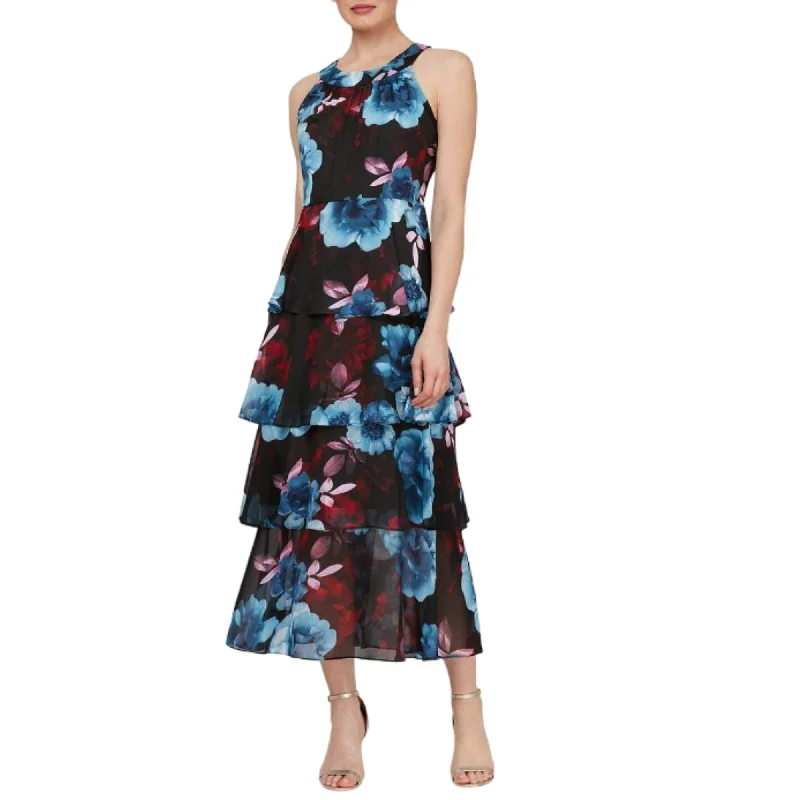 Women's maxi dress western -S.L. Fashions Sleeveless Floral Print Flowing Ruffle Tiered Party Maxi Dress