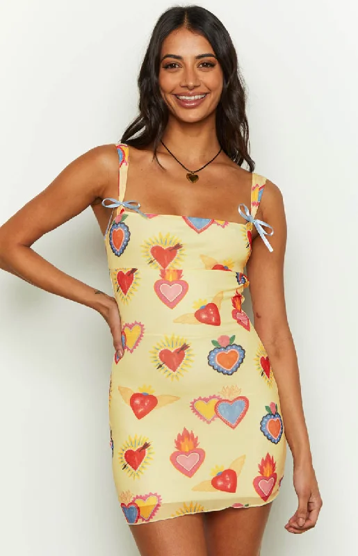 Women's mini dress trendy -Romeo Yellow Print Mini Dress