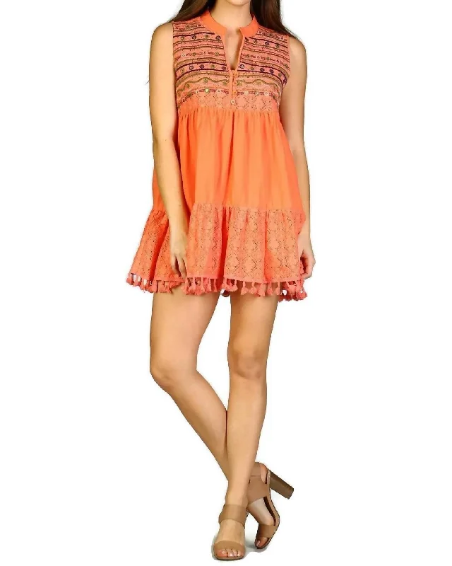 Ladies sleeveless dress cool -Lace & Fringe Embroidered Sleeveless Dress In Coral