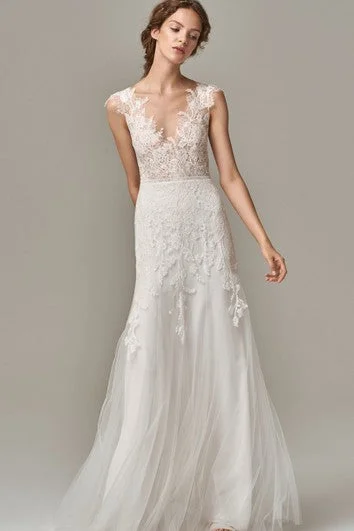 Ladies sleeveless dress easy -Elegant V-neck Lace Tulle Sheath Sleeveless Floor-length Wedding Dress with Appliques