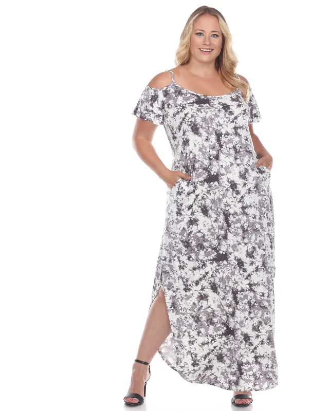 Women's maxi dress glitter -Cold Shoulder Tie-Dye Maxi Dress | Black/White