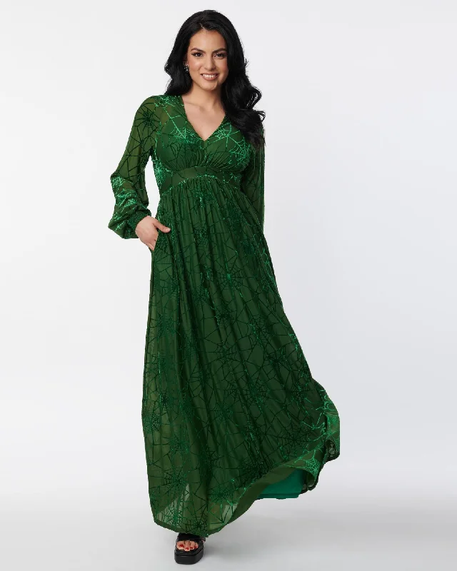 Women's maxi dress wrap -Unique Vintage Green Spider Web Maxi Dress | Green