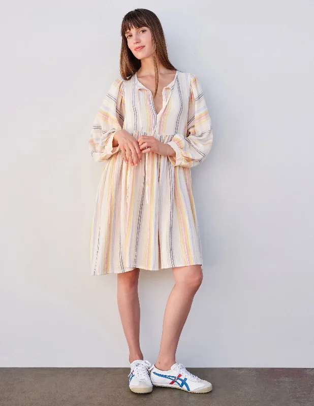 Ladies midi dress bright -Sundry Midi Blouson Sleeve Dress in Cream/Multi Stripes