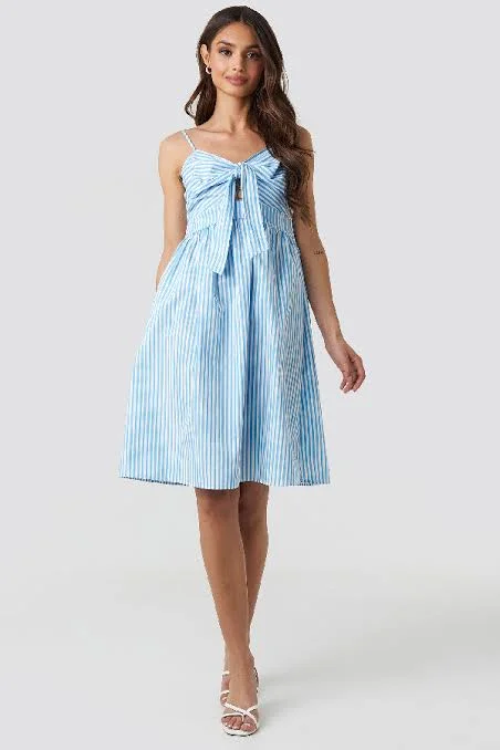 Ladies midi dress trendy -Front Knot Midi Dress White/Blue