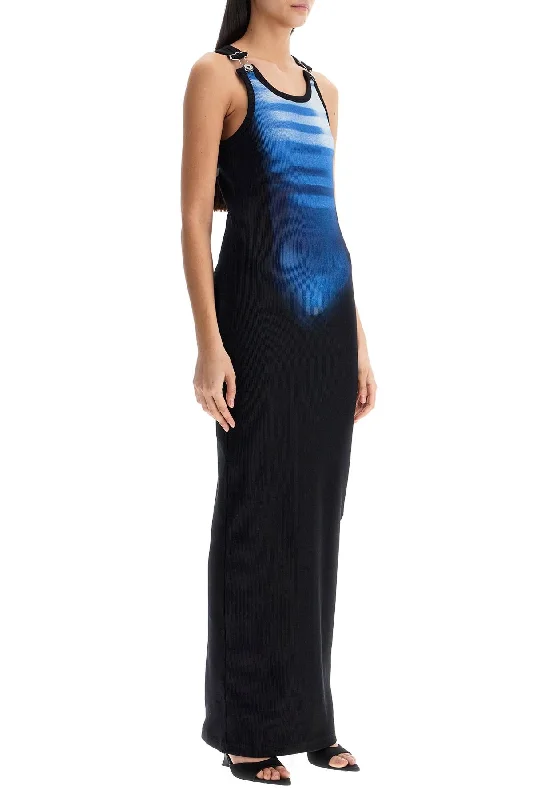 Ladies sleeveless dress vacation -Jean Paul Gaultier Long Fitted Sleeveless Dress In Black And Blue Ribbed Cotton