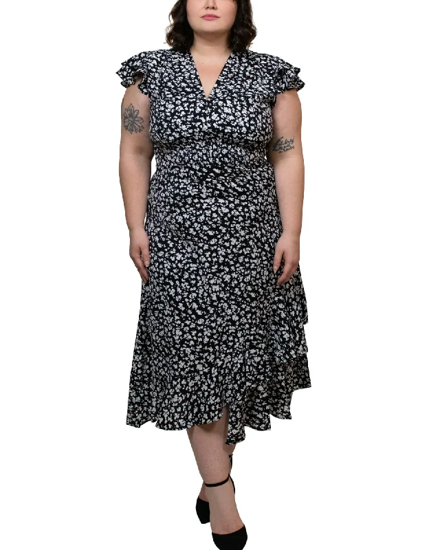 Ladies midi dress cocktail -Natalia Midi Dress Floral Frilled Cap Sleeves | Black