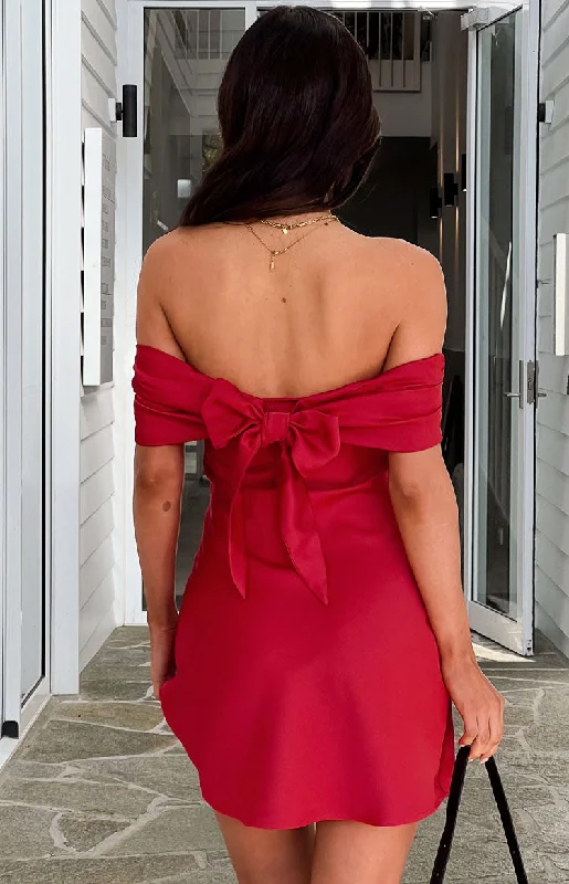 Women's mini dress flowy -Primrose Red Satin Off the Shoulder Mini Dress