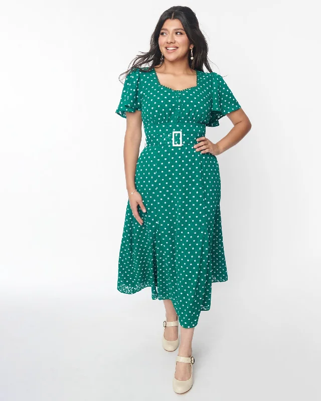 Ladies midi dress plus size -Unique Vintage Green & White Polka Dot Godet Midi Dress | Green & White Polka Dot