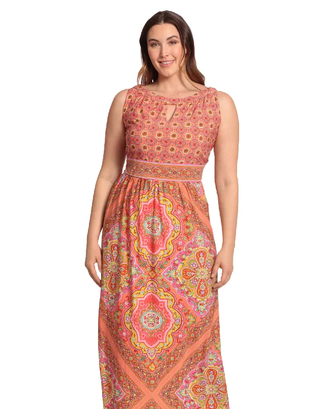 Women's maxi dress office -Diamond tile keyhole neck morris maxi dress | Melon/Pink