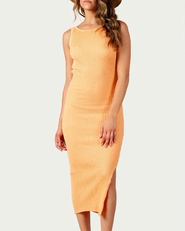 Ladies midi dress formal -Amaryllis Open-Back Ribbed Knit Midi Dress in Apricot | Apricot