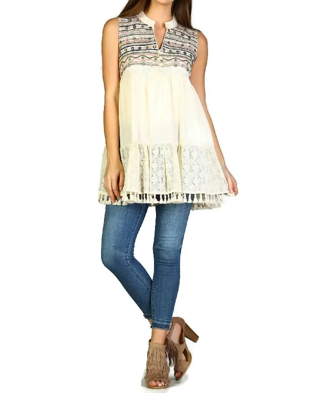 Ladies sleeveless dress animal print -Lace & Fringe Embroidered Sleeveless Dress In Beige