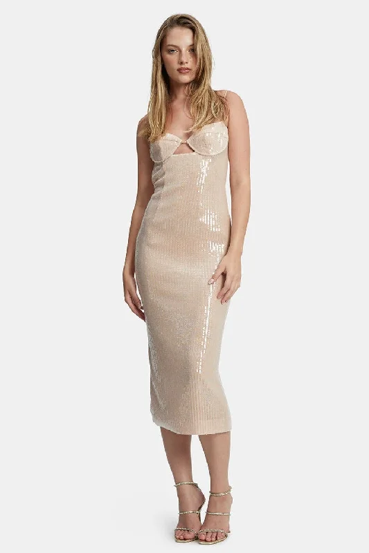 Ladies midi dress mosaic -Luna Sequin Midi Dress - Nude