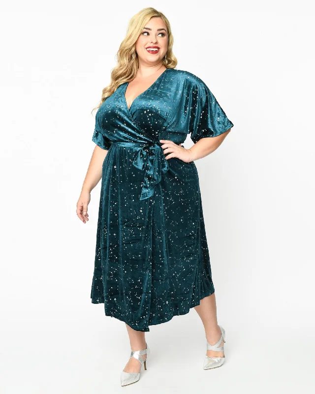 Ladies midi dress coral -Unique Vintage Teal Velvet & Silver Stars Wrap Midi Dress | Teal Velvet & Silver Stars