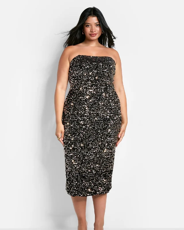 Ladies midi dress A-line -Soraya Sequin Midi Bodycon Dress | Black