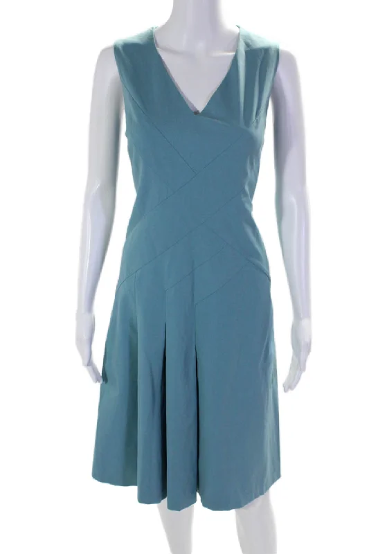 Ladies sleeveless dress aqua -Lafayette 148 New York Womens Cotton Sleeveless Pleated Zipped Dress Blue