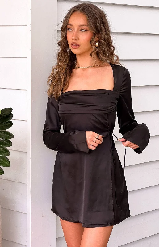 Women's mini dress layered -Lucy Black Satin Long Sleeve Mini Dress