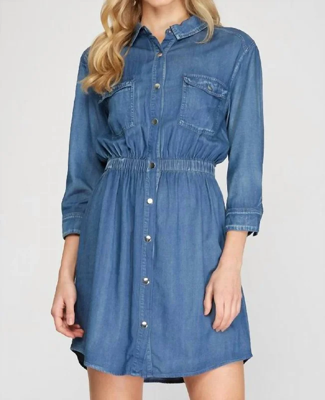 Women's shirt dress pleated -Ailyn Chambray Shirt Dress In Blue Denim